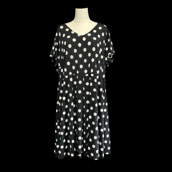 Black/White Polka Dot Dress w/ Flutter Sleeves - Picture 1 of 2